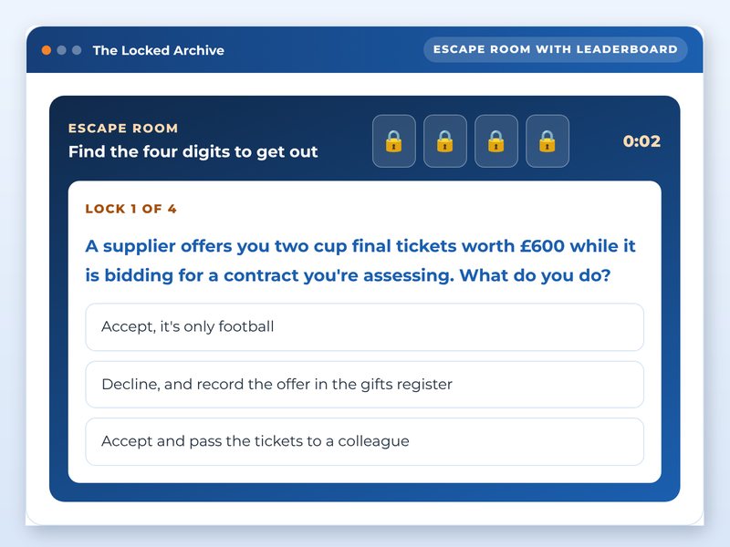 Anti-bribery escape room, showcase course screen: The Locked Archive